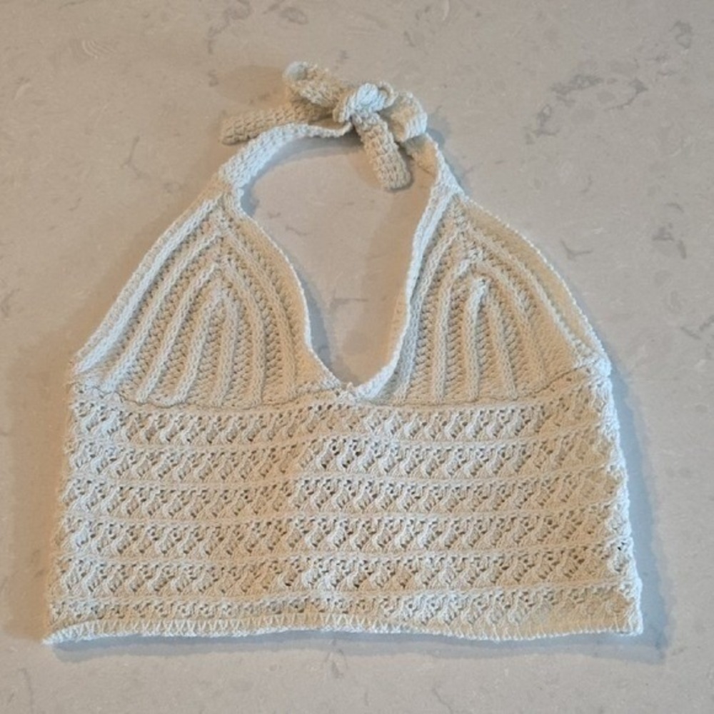 ROMWE Cream Crochet Halter Crop Top Large Lace Up Back Boho Festival